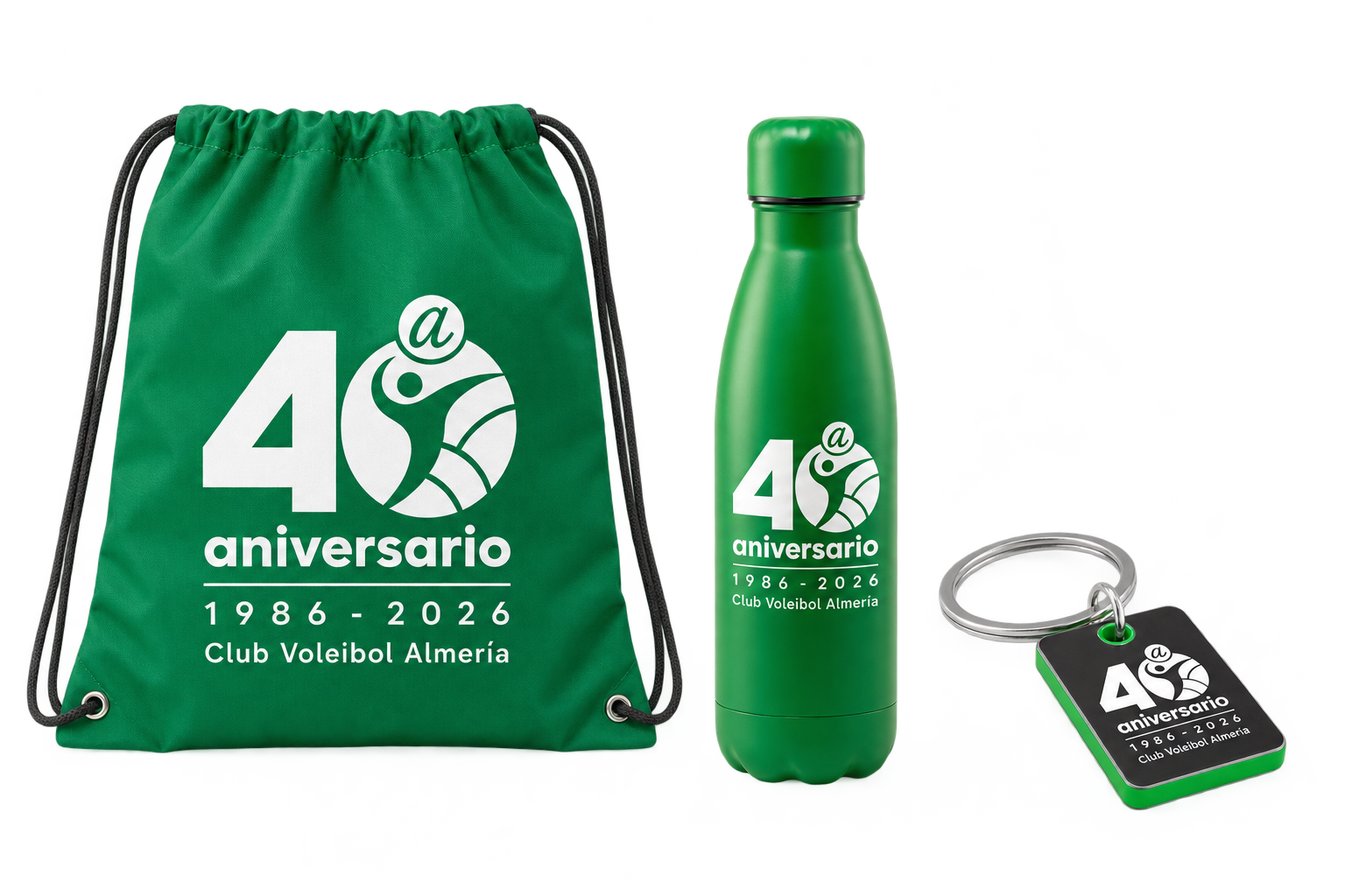 Pack de bienvenida del 40.º aniversario con botella reutilizable, bolsa de tela y llavero